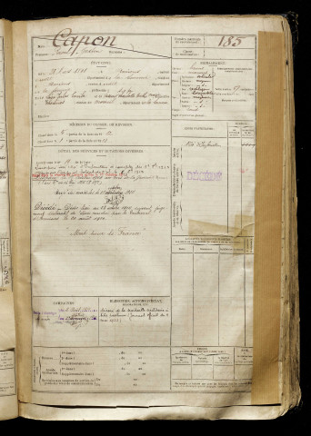 Capon, Raoul Gaston, né le 28 mars 1891 à Amiens (Somme), classe 1911, matricule n° 185, Bureau de recrutement de Péronne