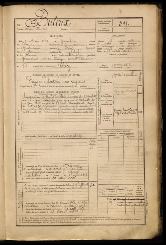 Buteux, Oscar Charles, né le 07 mars 1867 à Yvrencheux (Somme), classe 1887, matricule n° 591, Bureau de recrutement d'Abbeville