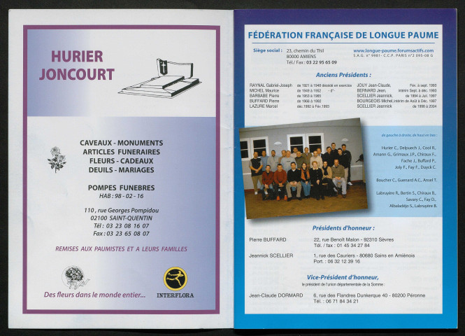 Opuscule (année 2008). Fédération française de Longue Paume : liste des sociétés, classement des joueurs et calendrier