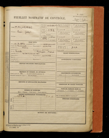 Malherbe, Léon Joseph, né le 12 septembre 1892 à Berteaucourt-les-Dames (Somme), classe 1912, matricule n° 192, Bureau de recrutement d'Abbeville