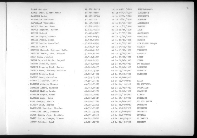 Table alphabétique du contingent 1940 - lettres N à R : bureaux de recrutement de la Deuxième Région Militaire (Départements du Nord, du Pas de Calais, de l'Aisne, de l'Oise, de la Somme, de l'Eure et de la Seine-Maritime)