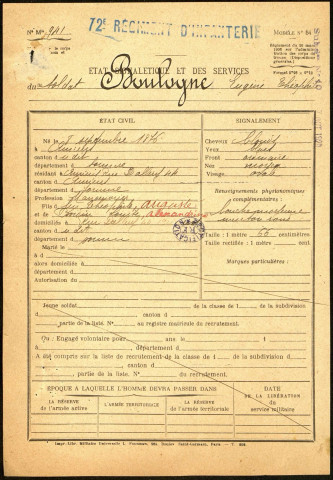 Boulogne, Eugène Théophile, né le 08 septembre 1876 à Amiens (Somme), classe 1896, matricule n° 1369, Bureau de recrutement d'Amiens