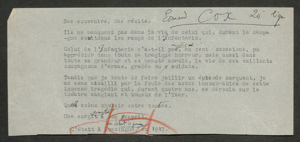 Témoignage de Cox, Edouard L. et correspondance avec Jacques Péricard