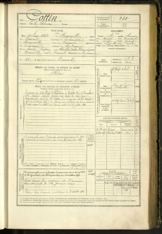 Cottin, Emile Ephraim, né le 11 juin 1862 à Bonneville (Somme, France), classe 1882, matricule n° 284, Bureau de recrutement d'Abbeville