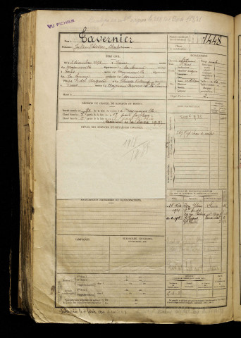 Tavernier, Julien Théodore Charles, né le 08 décembre 1898 à Tours-en-Vimeu (Somme), classe 1918, matricule n° 1448, Bureau de recrutement d'Amiens