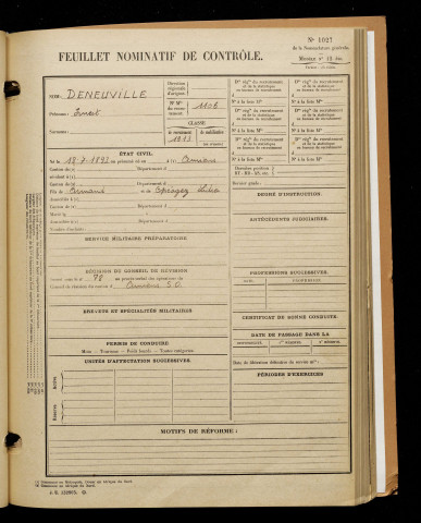 Deneuville, Ernest, né le 18 juillet 1893 à Amiens (Somme), classe 1913, matricule n° 1106, Bureau de recrutement d'Amiens