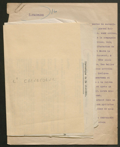 Témoignage de Crévecoeur (Lieutenant) et correspondance avec Jacques Péricard