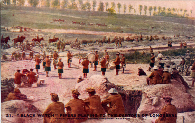 "Black Watch" Pipers playing to the cartors of Longueval. The "Tommies" who are seen listening to the "Black Watch Pipers", had just been engaged in the storming of Longueval, which they took in twenty-five minutes