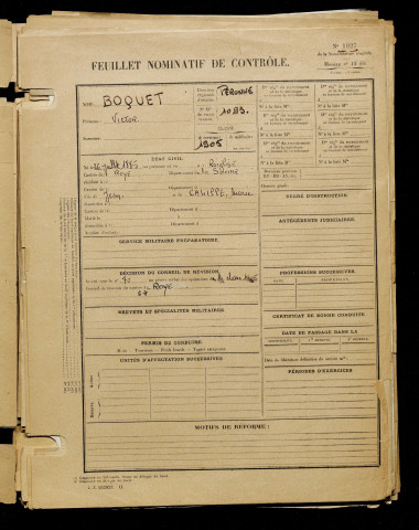 Boquet, Victor, né le 26 juillet 1885 à Roiglise (Somme), classe 1905, matricule n° 1093, Bureau de recrutement de Péronne