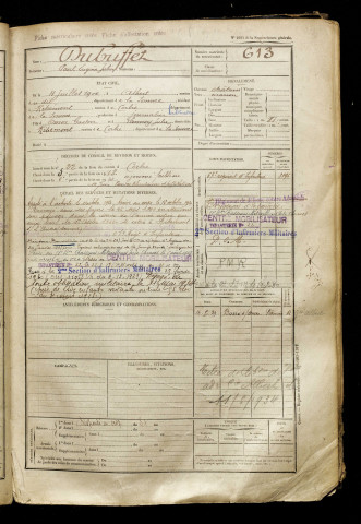 Dubuffet, Paul Eugène Julien, né le 04 juillet 1900 à Albert (Somme), classe 1920, matricule n° 613, Bureau de recrutement d'Amiens
