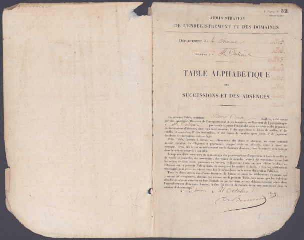 Table des successions et absences du bureau de Rosières-en-Santerre