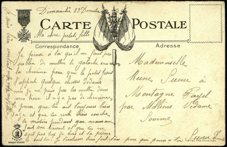 Carte postale humorisitique "Les totos" adressée par Emile Sueur (1886-1948) à sa fille Reine