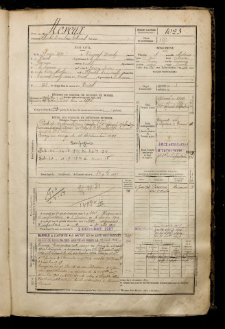 Neveux, Charles Marie Louis Edouard, né le 31 mai 1873 à Tincourt-Boucly (Somme), classe 1893, matricule n° 1023, Bureau de recrutement de Péronne