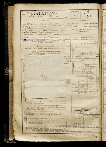 Damiens, Lucien Louis, né le 31 janvier 1889 à Amiens (Somme), classe 1909, matricule n° 16, Bureau de recrutement d'Abbeville