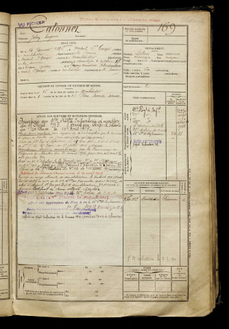 Catonnet, Julien Eugène, né le 14 janvier 1896 à Mesnil-Saint-Georges (Somme), classe 1916, matricule n° 169, Bureau de recrutement de Péronne