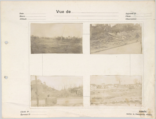 UNE PLANCHE DE QUATRE PHOTOGRAPHIES COLLEES SUR PAPIER MONTRANT DES RUINES. (14156 A 14300 : LOT DE DOCUMENTS ET OBJETS AYANT APPARTENU AU LIEUTENANT OBSERVATEUR VICTOR BONNET)