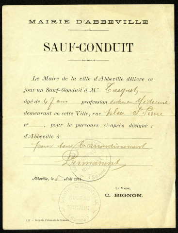 Mairie d'Abbeville. Sauf-conduit délivré à Ernest Tacquet, docteur en médecine, pour Abbeville et l'arrondissement. Validité permanente