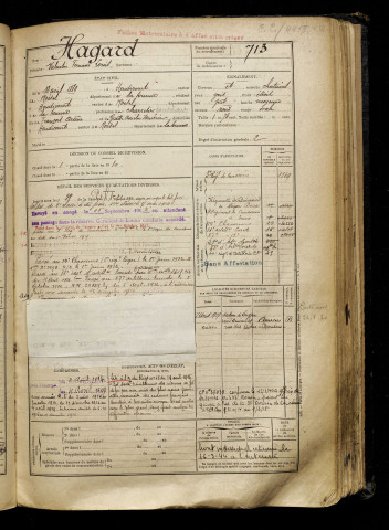 Hagard, Valentin Fernand Louis, né le 18 avril 1889 à Heudicourt (Somme), classe 1909, matricule n° 713, Bureau de recrutement de Péronne