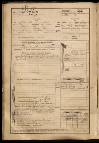 Doffoy, Auguste Amédée Marius, né le 15 février 1867 à Agnières (Somme), classe 1887, matricule n° 466, Bureau de recrutement d'Amiens