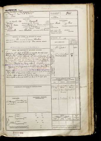 Mercier, Louis, né le 28 décembre 1896 à Framerville-Rainecourt (Somme), classe 1916, matricule n° 941, Bureau de recrutement de Péronne