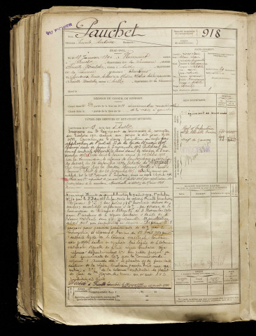Pauchet, Emile Antoine, né le 18 janvier 1890 à Woincourt (Somme), classe 1910, matricule n° 918, Bureau de recrutement d'Abbeville