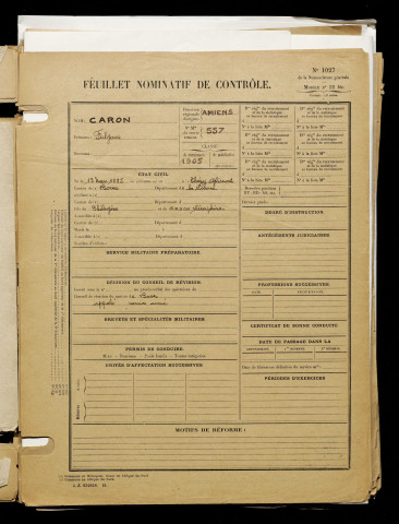 Caron, Fulgence, né le 13 mars 1885 à Thézy-Glimont (Somme), classe 1905, matricule n° 557, Bureau de recrutement d'Amiens