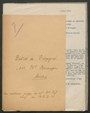 Témoignage de Drézigué (de), David (Médecin major) et correspondance avec Jacques Péricard