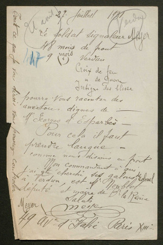 Témoignage de Meyer (Soldat signaleur) et correspondance avec Jacques Péricard