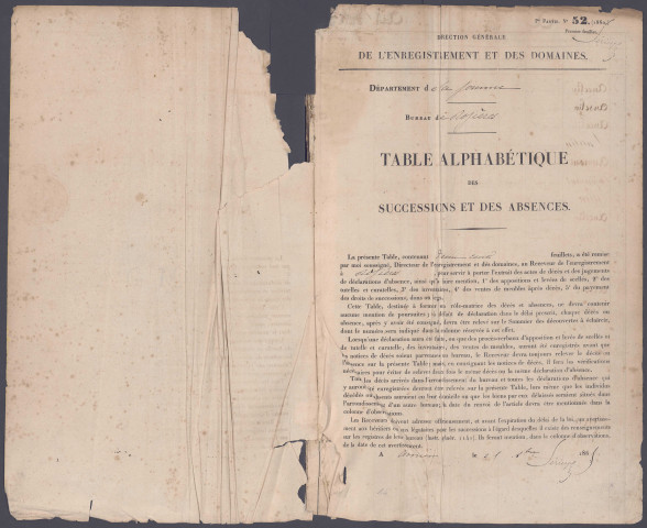 Table des successions et absences du bureau de Rosières-en-Santerre