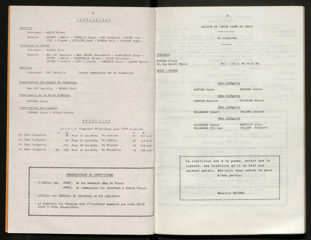 Opuscule (année 1986). Fédération française de Longue Paume : liste des sociétés, classement des joueurs et calendrier