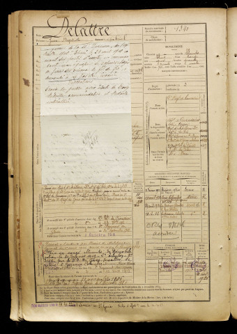 Delattre, Jean Baptiste Gabriel, né le 30 octobre 1877 à Pendé (Somme), classe 1897, matricule n° 1340, Bureau de recrutement d'Abbeville