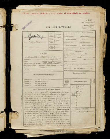 Godefroy, Octave Adolphe, né le 28 mars 1889 à Ailly-sur-Somme (Somme), classe 1909, matricule n° 1250, Bureau de recrutement d'Amiens