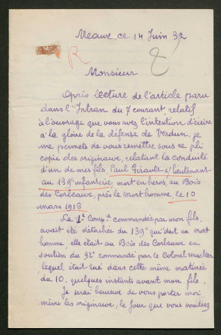 Témoignage de Girault, E. (Sous-lieutenant) et correspondance avec Jacques Péricard