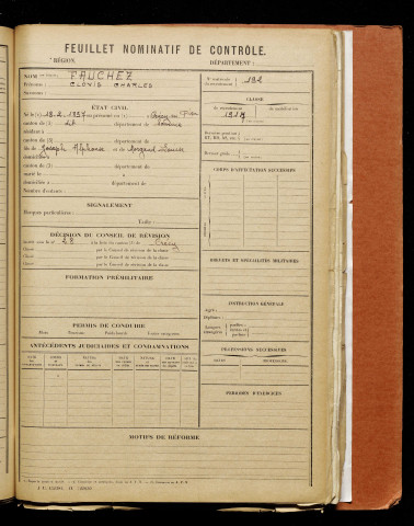 Fauchez, Clovis Charles, né le 18 février 1897 à Crécy-en-Ponthieu (Somme), classe 1917, matricule n° 192, Bureau de recrutement d'Abbeville