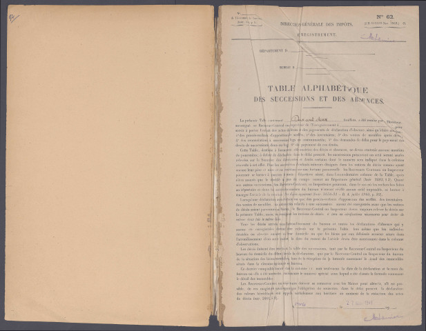Table des successions et absences du bureau d'Amiens
