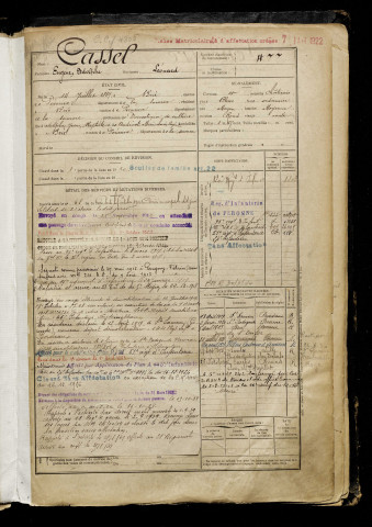 Cassel, Eugène Adolphe, né le 14 juillet 1889 à Brie (Somme), classe 1909, matricule n° 477, Bureau de recrutement de Péronne