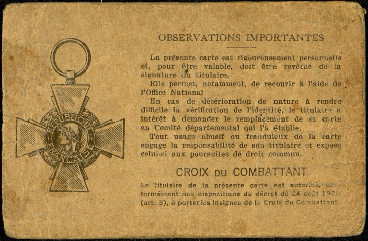 Carte du combattant délivrée à Henri Lesage né le 4 janvier 1888 à Fonches (Somme)
