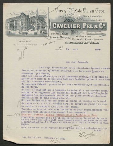 Témoignage de Cavelier, H. et correspondance avec Jacques Péricard