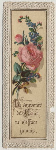 Image pieuse dentelle. Le souvenir du coeur ne s'efface jamais. Des fleurs.