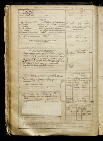 Cuny, Henri Paul, né le 24 avril 1883 à Doullens (Somme), classe 1903, matricule n° 598, Bureau de recrutement de Péronne