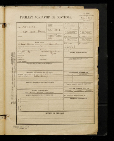 Sellier, Roger Louis Henri, né le 03 avril 1896 à Rainneville (Somme), classe 1916, matricule n° 1577, Bureau de recrutement d'Amiens