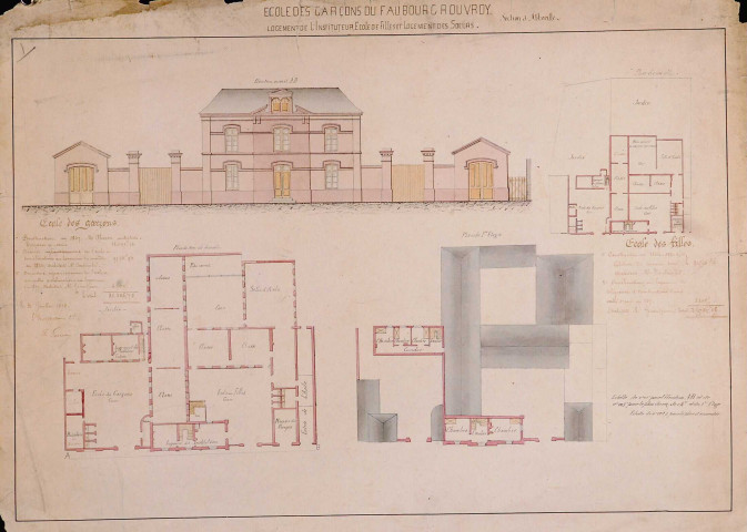 Abbeville. Plan de l'école des garçons du faubourg Rouvroy - logement de l'instituteur - école des filles et logement des soeurs