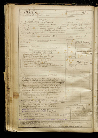 Hulin, Fernand Alfred, né le 08 avril 1879 à Amiens (Somme), classe 1899, matricule n° 92, Bureau de recrutement d'Amiens