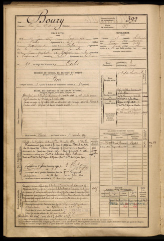 Boury, Léon Jean Baptiste Aimé, né le 19 juin 1867 à Vecquemont (Somme), classe 1887, matricule n° 392, Bureau de recrutement d'Amiens