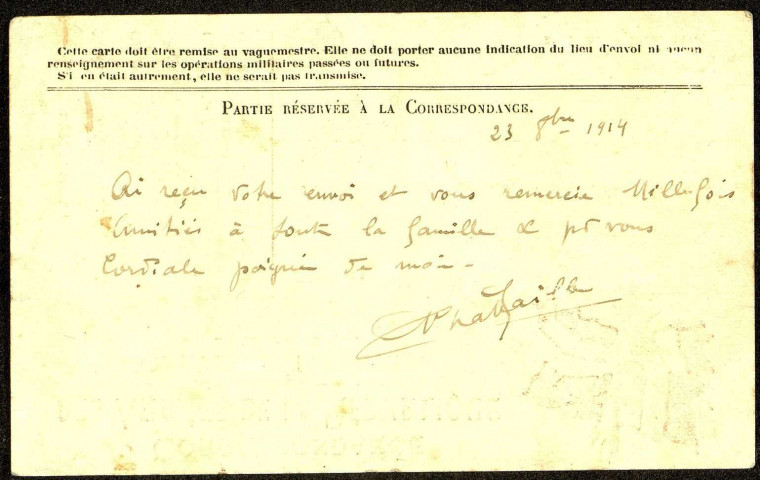 Correspondance militaire. Remerciements de M. Chabaille, du convoi automobile TMC 117, adressés à M. Tacquet, docteur en médecine à Abbeville