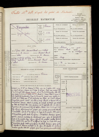 Carpentier, Georges Gaston, né le 07 février 1892 à Beaumont-Hamel (Somme), classe 1912, matricule n° 574, Bureau de recrutement de Péronne