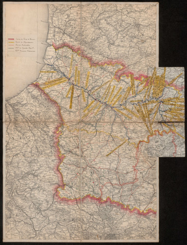 Carte des dispositifs de mine (voies de terre et d'eau) de la chefferie d'Amiens. Signalement de l'emplacement des ponts le long des cours d'eau du département de la Somme. Indication des limites de Corps d'Armée et de Département, des routes nationales, des chemins de grande communication et des chemins vicinaux ordinaires