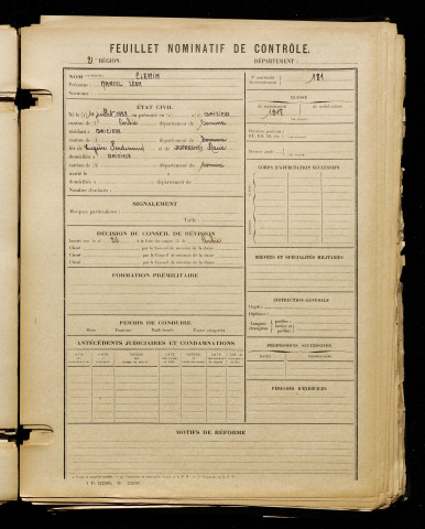 Clerin, Marcel Léon, né le 10 juillet 1898 à Baizieux (Somme), classe 1918, matricule n° 181, Bureau de recrutement d'Amiens