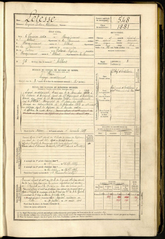 Letesse, Eugène Julien Théotine, né le 06 janvier 1864 à Bouzincourt (Somme, France), classe 1884, matricule n° 548, Bureau de recrutement de Péronne