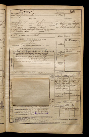 Morval, Mary Joseph Maximilien, né le 07 mars 1872 à Morchain (Somme), classe 1892, matricule n° 1061, Bureau de recrutement de Péronne
